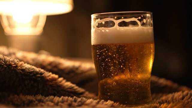 A golden beer-filled glass with foam, lit by a soft light on a fluffy surface