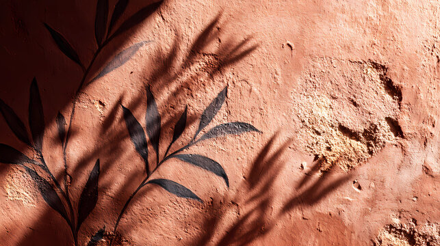 Abstract botanical shadows on a warm terracotta wall with natural clay texture, Generative AI illustrations.