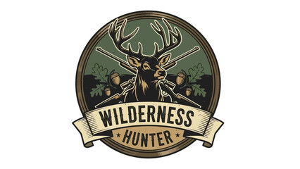 Vintage Wilderness Hunter Emblem with Majestic Deer and Crossed Rifles © jaka-Stock