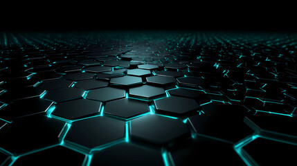 Fototapeta premium Gaming and high-tech aesthetic background featuring dark metallic hexagonal grid and cyan light, Generative AI illustrations.