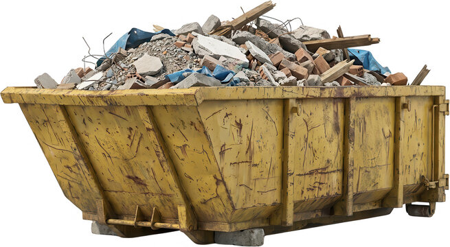 A large weathered yellow skip bin overflowing with construction debris including concrete bricks wood and metal waste dumpster construction waste rubble building waste demolition waste