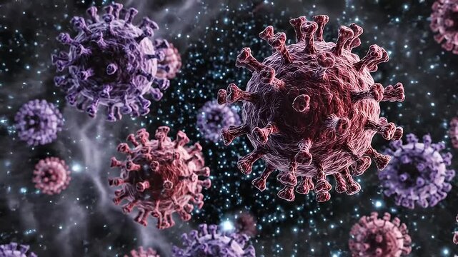 A video showcasing a detailed view of the COVID-19 virus under a microscope