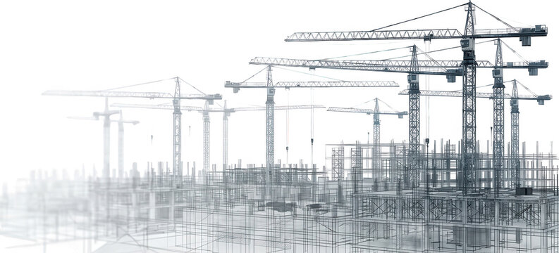 A skeletal wireframe 3D rendering of a massive construction site with multiple tower cranes and unfinished building structures architecture industrial engineering development