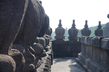 Close up View of Stone Ornaments and Ratna Spire at Prambanan Temple