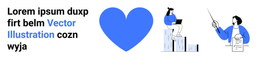 Business strategy, teamwork, career growth, creative workspace, corporate success, presentation skills. Blue heart at center, person on bar chart another presenting ideas. Business strategy