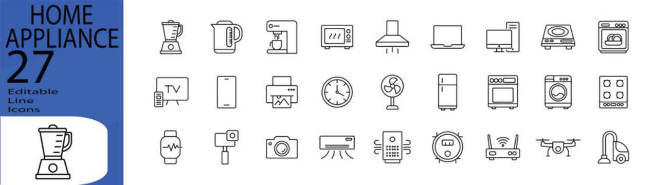 Home Appliance icon set. Editable stroke. Vector illustration.