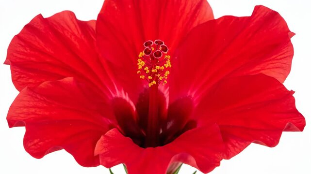 Close-up of a vibrant red flower blooming with ruffled petals against a white background