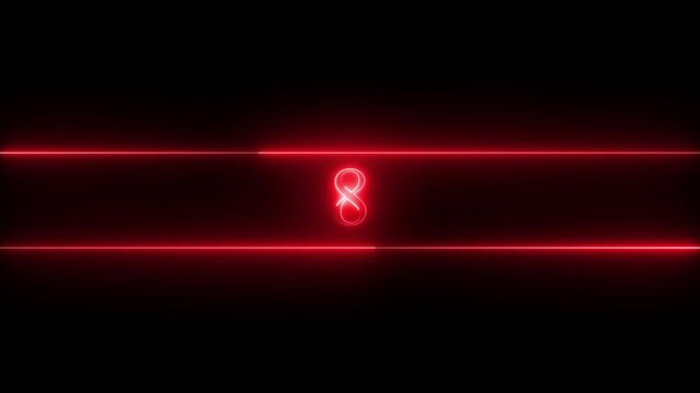 Neon number 8 educational mathematics animated icon with glowing line style on black background. Represents learning, counting, numeracy, math education, first step, beginner.