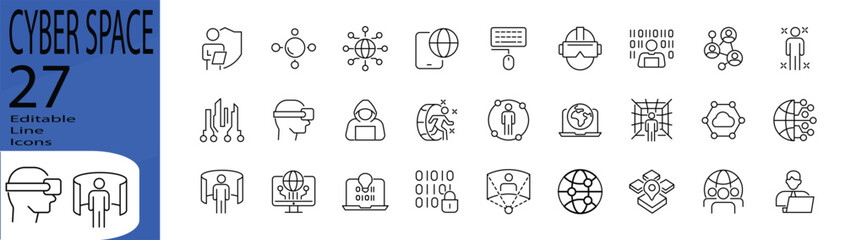 Cyber Space icon set. Editable stroke. Vector illustration.