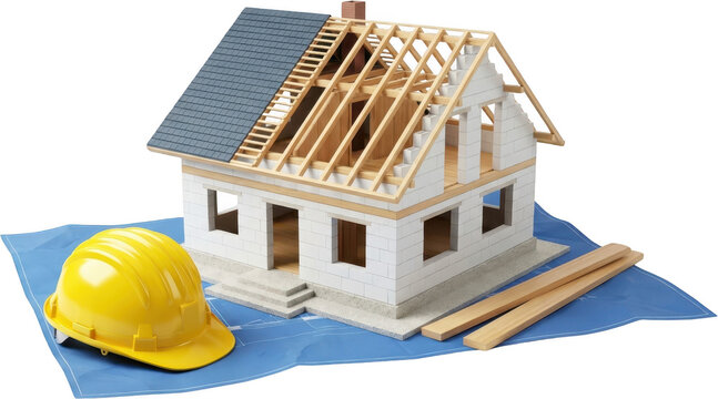 Detailed architectural model of a house under construction featuring exposed wooden roof trusses brickwork and a blueprint with safety helmet and lumber building home architecture