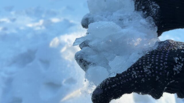 Gloved Hands Holding Pile of Shattered Ice Chunks. Two black-gloved hands hold a collection of shattered clear ice chunks against a snowy winter landscape, emphasizing the cold.