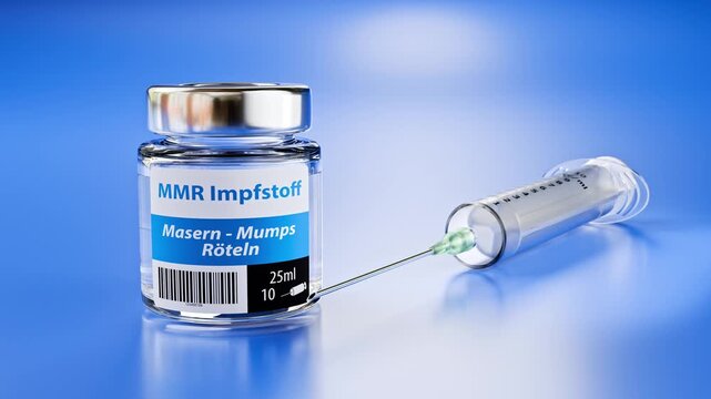 One Vial of a fictitious MMR (Measles, Mumps, Rubella) vaccine with German language label (Masern, R&ouml;teln) and a syringe besides. Camera moving