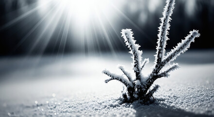 Frosty Plant in Snowy Landscape with Bright Sun Rays