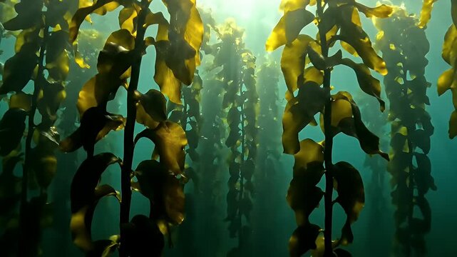 Sunbeams penetrate a dense mystical giant kelp forest underwater