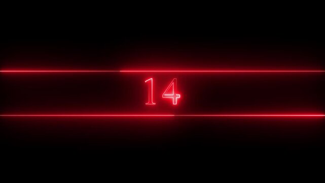 Neon number 14 educational mathematics animated icon with glowing line style on black background. Represents learning, counting, numeracy, math education, first step, beginner.