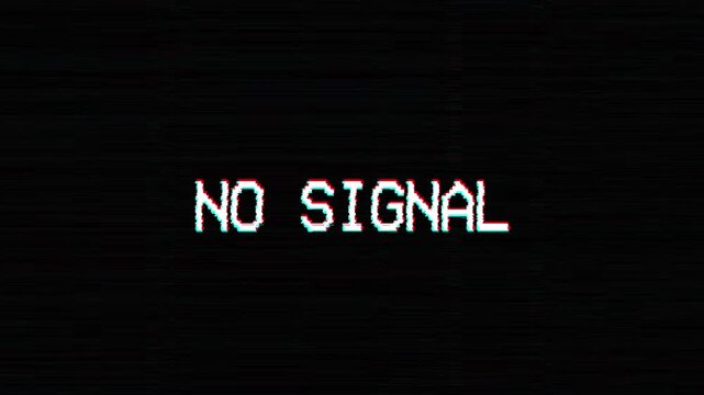 Television static screen with a no signal message. missing signal error. Glitch noise static television or VHS VFX. transition effect for video editing. Old damaged noisy stripes effect 4K.