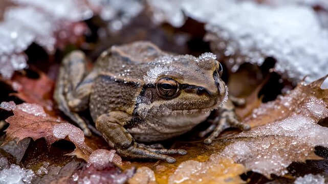 Wood Frog Covered in Ice Hibernating on Winter Forest Floor