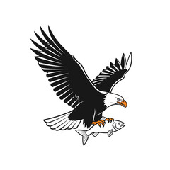 Obraz premium An eagle with a wide wingspan flies through the sky and holds a fish in its claws. Vector illustration.