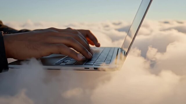 Close-up of Hands Typing on Laptop Keyboard Surrounded by Clouds, Concept of Cloud Computing and Digital Connectivity
