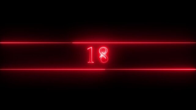 Neon number 18 educational mathematics animated icon with glowing line style on black background. Represents learning, counting, numeracy, math education, first step, beginner.
