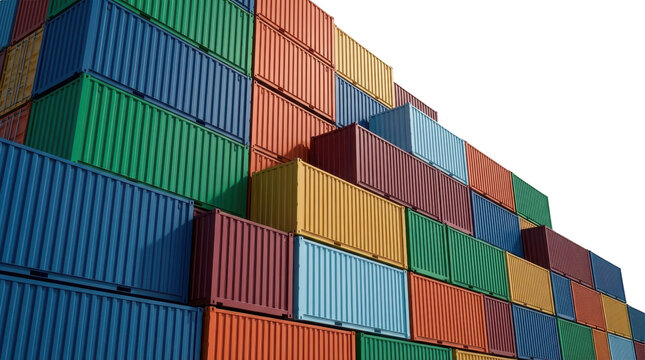 A large colorful stack of corrugated shipping containers is piled high displaying a variety of vibrant colors like blue green orange yellow and red against a black void cargo containers