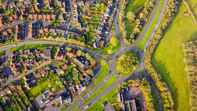 Drone aerial of Field Head village and suburban housing, Leicestershire UK