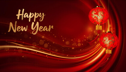 Naklejka premium Bright Abstract Chinese New Year Background with Traditional Red Lanterns and Gold Happy New Year Lettering