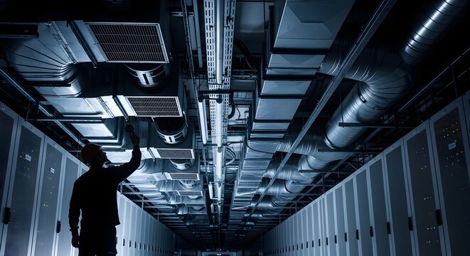 Silhouette of Technical Worker Inspecting Industrial Ventilation System Inside Data Center
