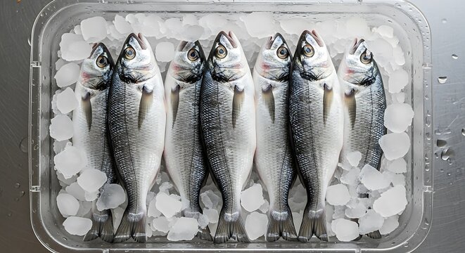 Six vibrant whole fish, carefully presented on a sparkling bed of crushed ice within a clear plastic tray, highlighting natural freshness and readiness for gourmet cooking