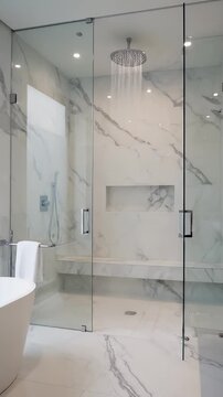 A modern bathroom with a large walk-in shower and bathtub video