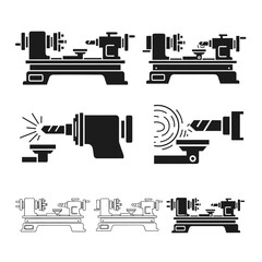 Obraz premium Lathe Machine Icons Set: Metalworking, Woodworking, Drilling, and Engineering Tools