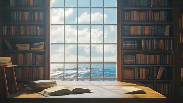 Sunny library room overlooks ocean under blue sky with soft floating clouds
