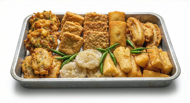 Assorted Indonesian Fried Snacks Gorengan with Green Chilies Cabe Rawit