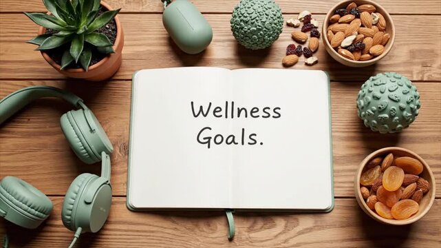 Wellness Goals Notebook Flat Lay with Healthy Snacks, Headphones, and Succulent on Wooden Tabletop for Lifestyle Planning and Self-Care 4k video animation seamless loop