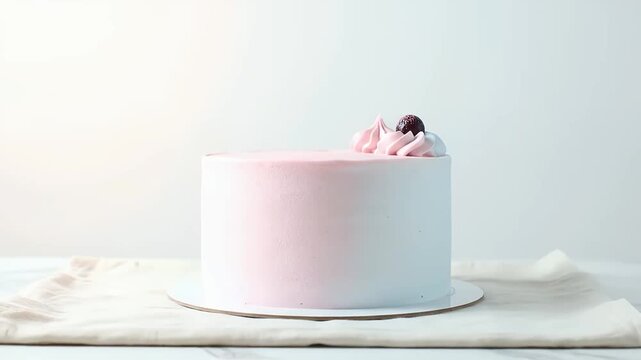 A white frosted cake with pink decorations on top, placed on a white cloth against a plain white background, captured from a straight-on viewpoint