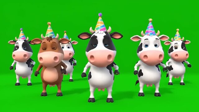 Cows wearing party hats dancing against green screen, 3D render, celebration, cartoonish, birthday party, happiness, cheerful, joyful, fun, playful