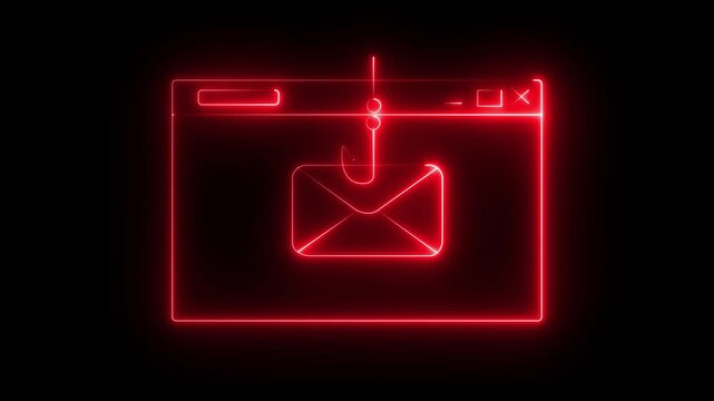 Neon Email Phishing Scam Icon Isolated on Black Background. Fishing hook stealing envelope from browser window. Concept of email phishing and email scams representing online fraud.4k video