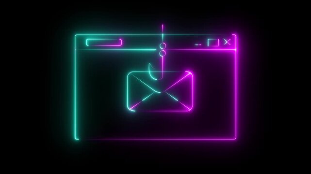 Neon Email Phishing Scam Icon Isolated on Black Background. Fishing hook stealing envelope from browser window. Concept of email phishing and email scams representing online fraud.4k video