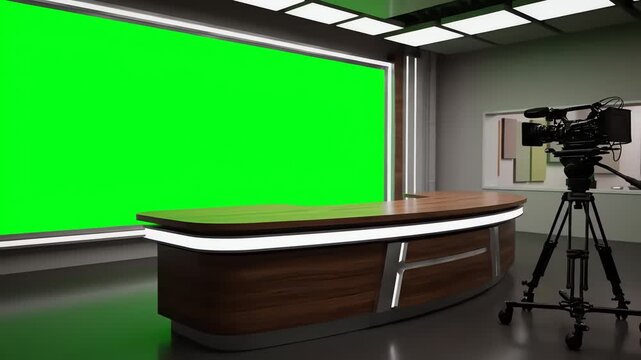 A professional, high-tech 3d rendered television studio set, featuring a sleek dark wood news desk and a camera ready for virtual broadcasting against the bright green screen.