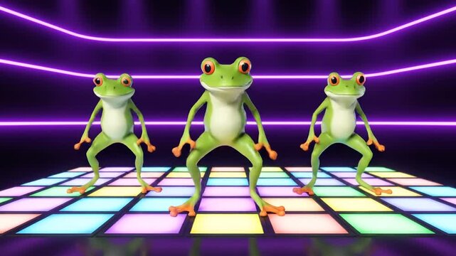 Frogs grooving to music on disco floor, computer-generated, 3d render, whimsical style, celebrating in a night club with neon lights.