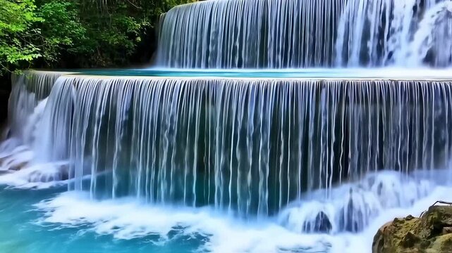 lush tropical cascade with tiered pools and clear turquoise water flowing gently creating a serene and captivating natural scenery