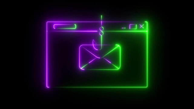Neon Email Phishing Scam Icon Isolated on Black Background. Fishing hook stealing envelope from browser window. Concept of email phishing and email scams representing online fraud.4k video