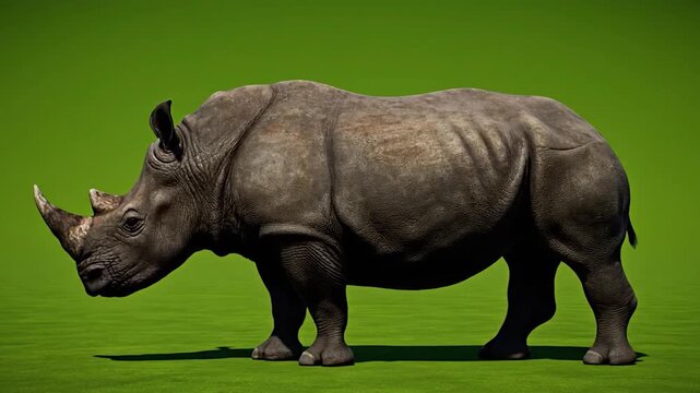 A large, grey rhinoceros stands on green ground against a uniform green backdrop