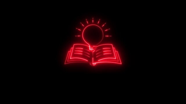 glowing neon knowledge icon Animation on Black background. Concept ideas inspiration, invention, effective thinking, knowledge.4k video Animation