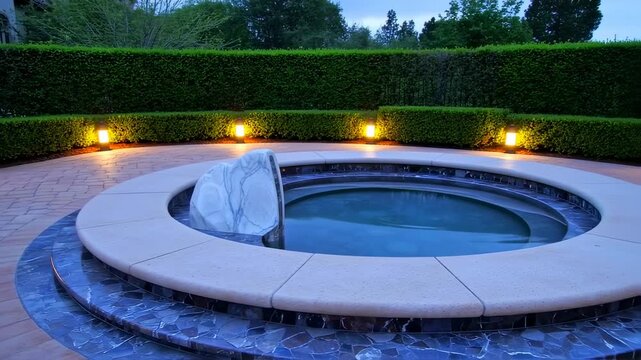 Circular spa with light stone surround and landscaping