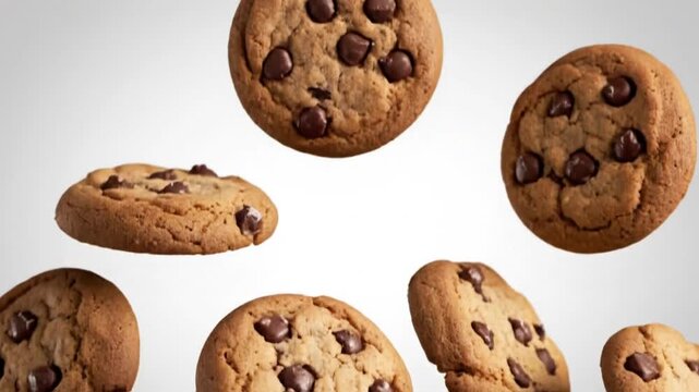Delicious chocolate chip cookies falling against a clean white background