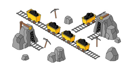 Mining Carts on Railway Tracks Illustration.