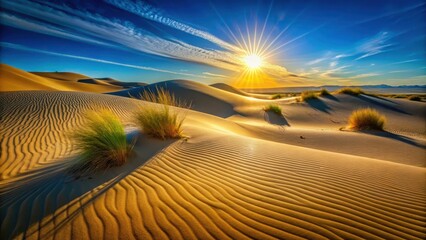 Naklejka premium Golden Hour Desert Sandscape Sunbeams Illuminate Undulating Dunes and Resilient Desert Flora