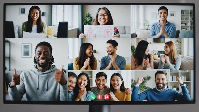 A group of diverse people smile and laugh on a computer screen during a video call