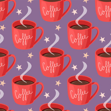 Red coffee mugs and stars vector seamless pattern